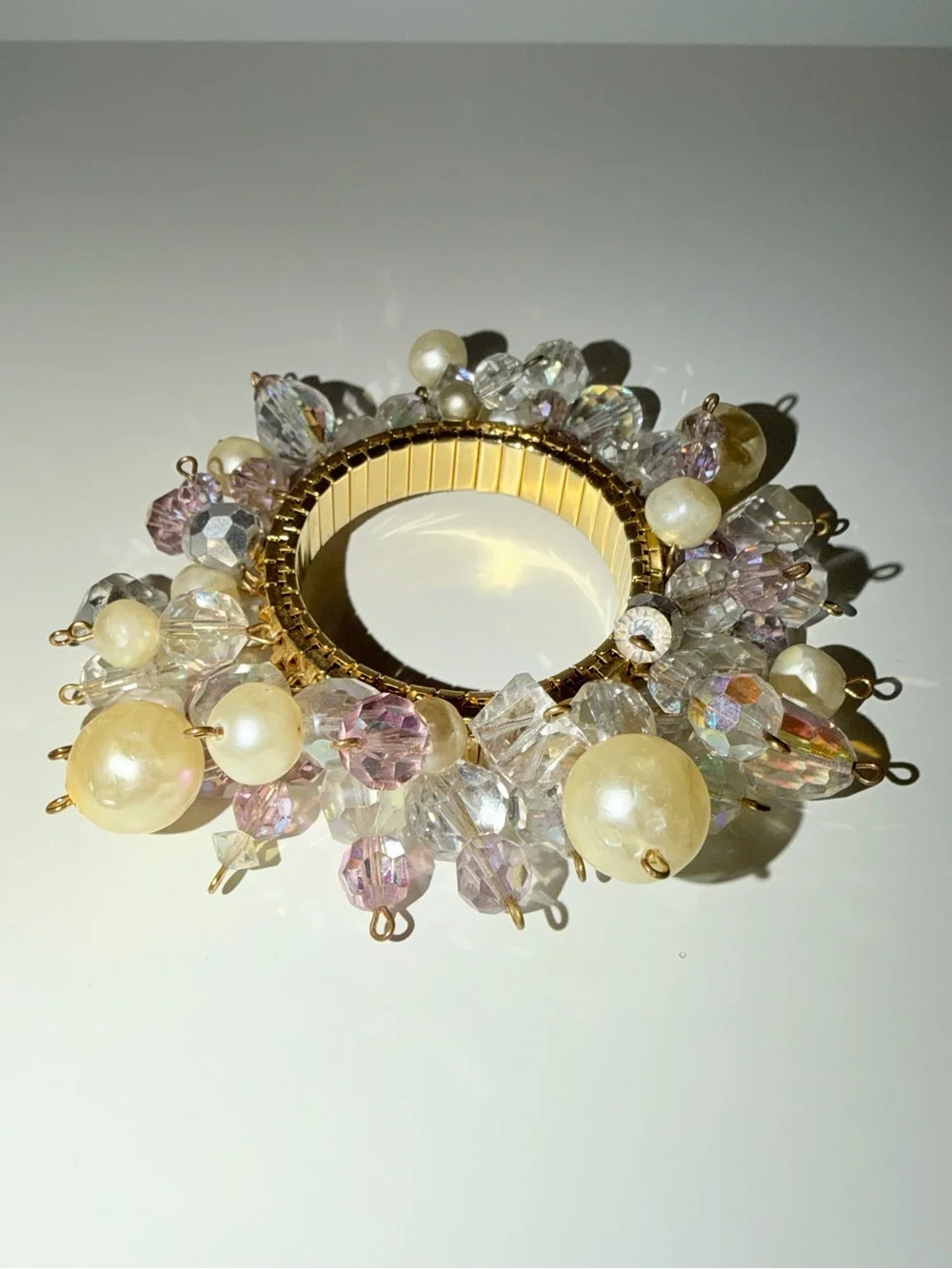 Vintage Glass & Faux Pearl Expansion Cha Cha Flapper Style Bracelet